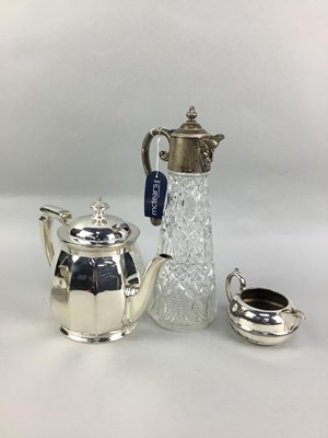 Lot 458 - A SILVER PLATED AND GLASS CLARET JUG AND OTHER PLATED WARE