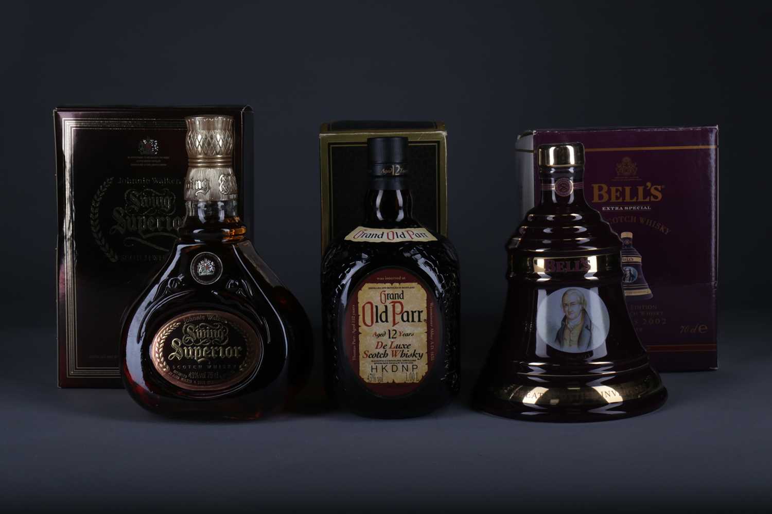 Lot 1317 - JOHNNIE WALKER SWING SUPERIOR, GRAND OLD PARR AGED 12 YEARS AND BELL'S CHRISTMAS 2002