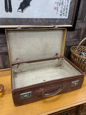 Lot 430 - A VINTAGE SUITCASE, WICKER BASKETS, WALKING STICKS AND A CANE