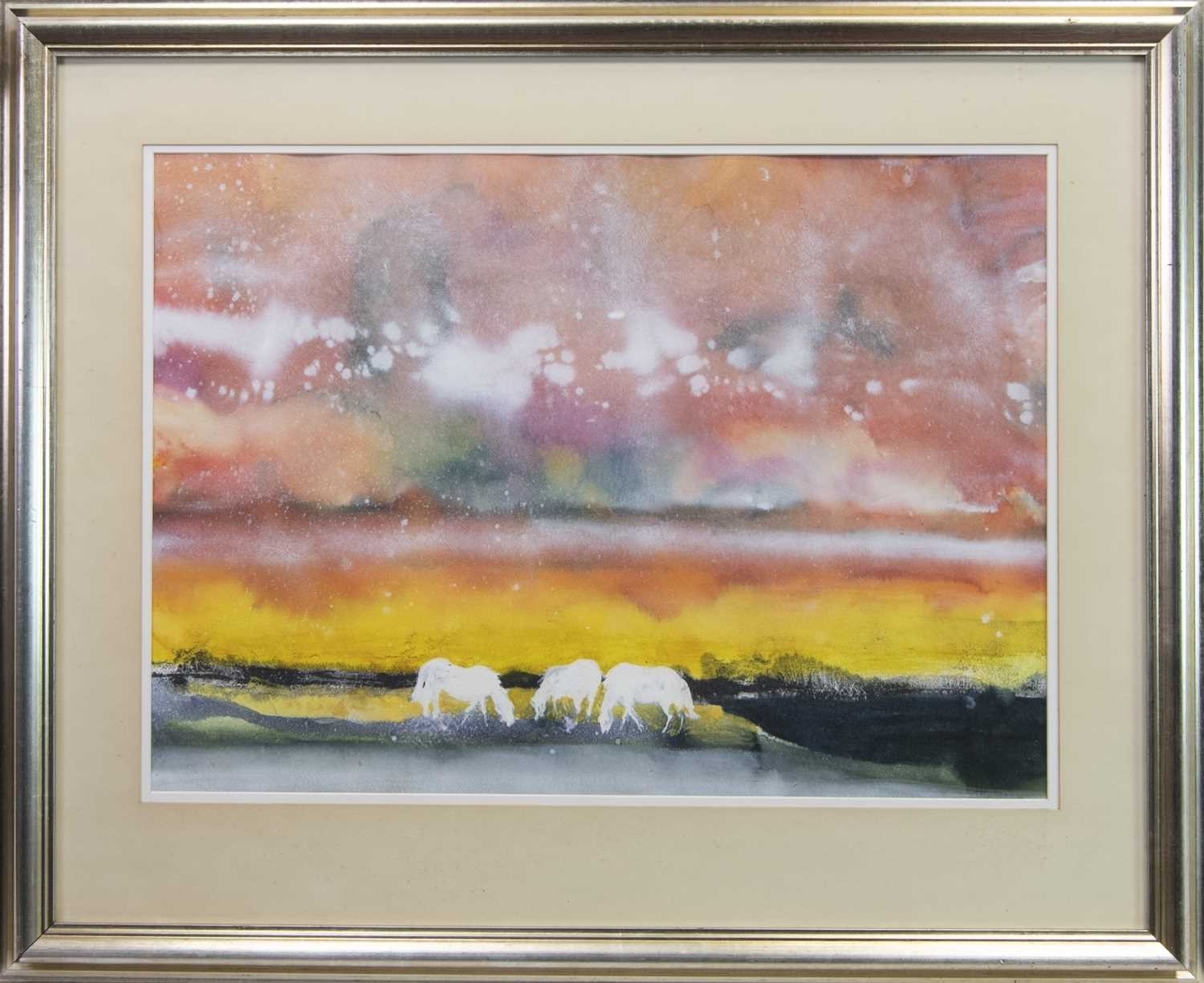 Lot 126 - THREE WHITE HORSES, A WATERCOLOUR BY JAMES SPENCE