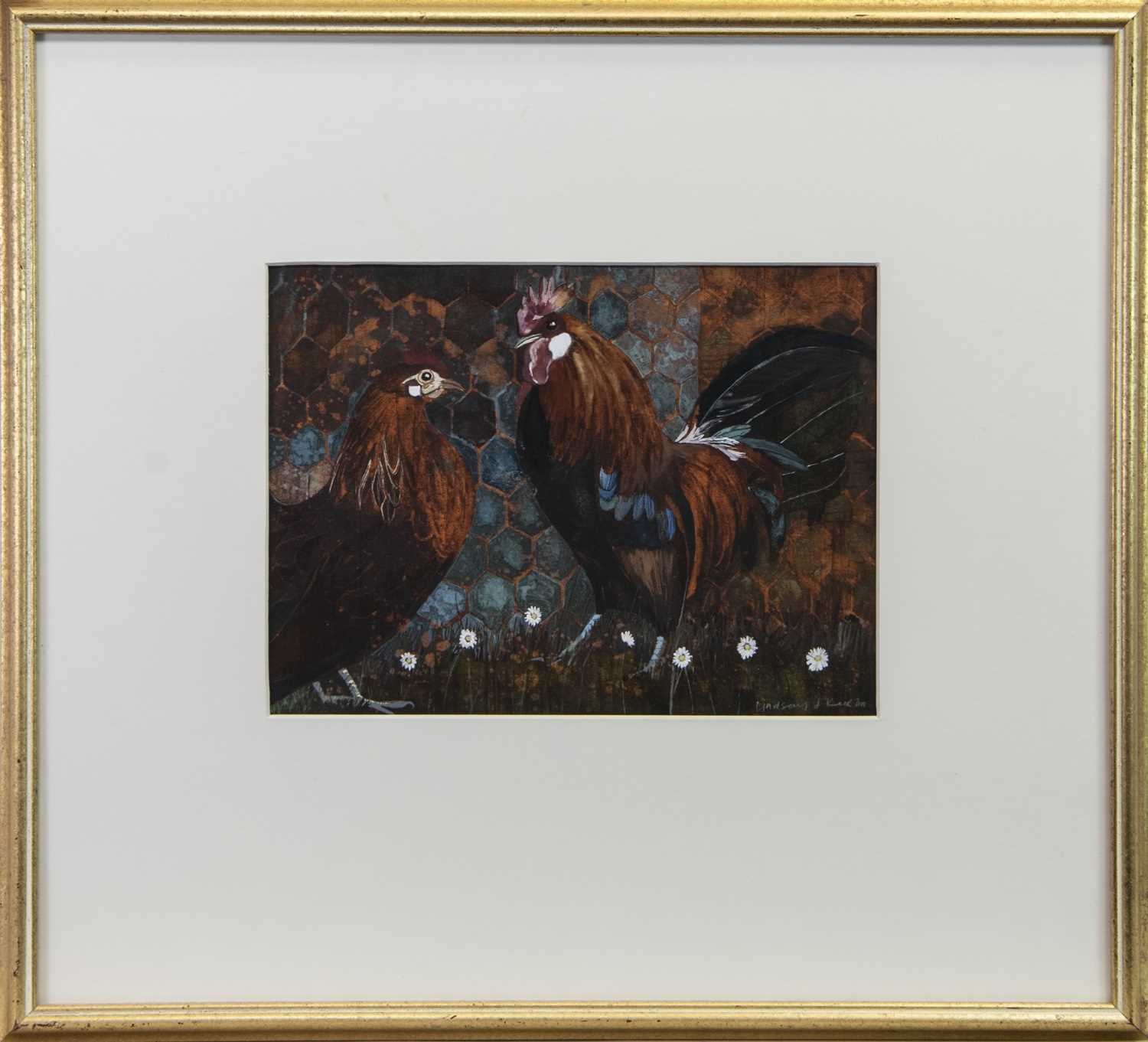 Lot 12 - TERRACOTTA CHICKENS, A GOUACHE BY LINDSAY J KEIR