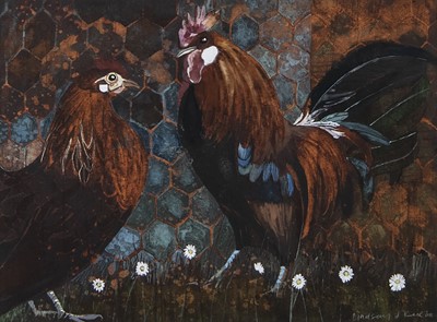 Lot 12 - TERRACOTTA CHICKENS, A GOUACHE BY LINDSAY J KEIR