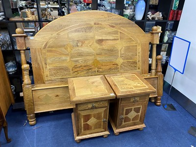 Lot 472 - AN INLAID KING SIZE BEDSTEAD AND A PAIR OF BEDSIDE CABINETS