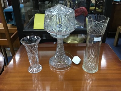 Lot 482 - A CRYSTAL ELECTRIC TABLE LAMP AND SIX VASES