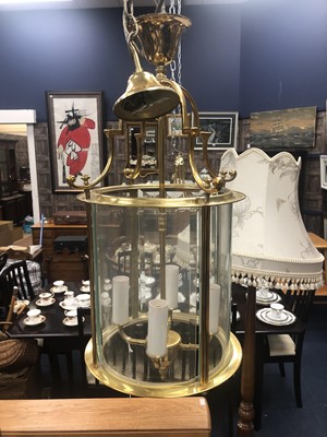 Lot 498 - A MODERN BRASS CYLINDRICAL HALL LANTERN