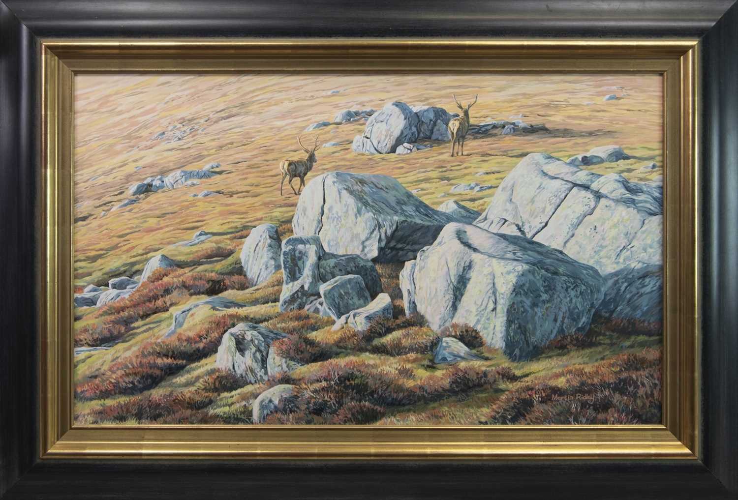 Lot 132 - "BLUE BOULDERS" RED DEER STAGS , AN OIL BY MARTIN RIDLEY
