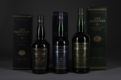 Lot 1389 - GLENLIVET ARCHIVE AGED 21 YEARS, AGED 18 YEARS AND AGED 15 YEARS