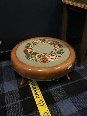 Lot 550A - AN EMBROIDERED FOOTSTOOL, ANOTHER STOOL AND A BEDROOM CHAIR