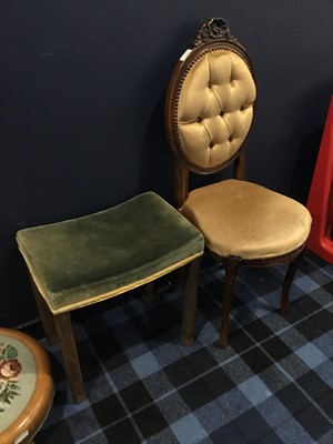 Lot 550 - AN EMBROIDERED FOOTSTOOL, ANOTHER STOOL AND A BEDROOM CHAIR