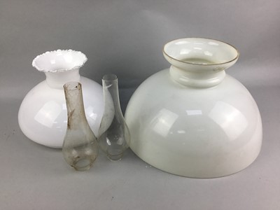 Lot 553 - A LOT OF GLASS OIL LAMP SHADES AND CHIMNEYS