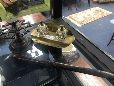 Lot 578 - A BRASS INKWELL WITH STAMP HOLDER AND PAGE TURNER