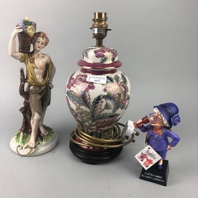 Lot 117 - A TABLE LAMP, FIGURE AND AN OWL