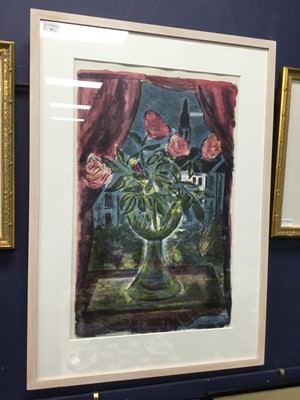 Lot 46 - A STILL LIFE WITH FLOWERS ALONG WITH TWO ORIENTAL PRINTS