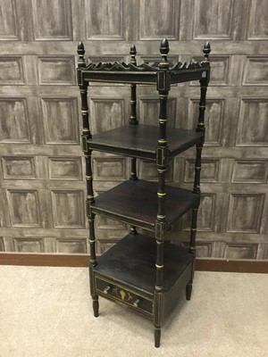 Lot 1689 - A VICTORIAN FOUR TIER EBONISED AND PAINTED WHATNOT