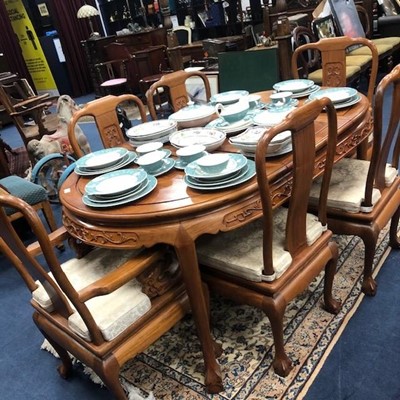 Lot 48 - A CHINESE EXTENDING DINING TABLE WITH SIX CHAIRS