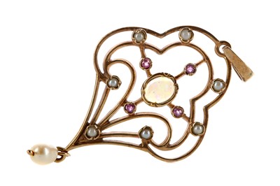 Lot 445 - AN OPAL, PEARL AND PINK GEM SET PENDANT