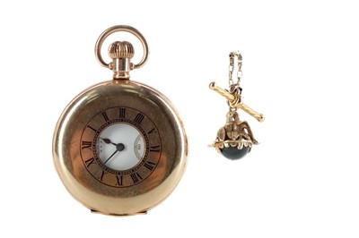 Lot 444 - A GOLD CHAIN, BLOODSTONE AGATE FOB AND GOLD PLATED HALF HUNTER KEYLESS WIND POCKET WATCH