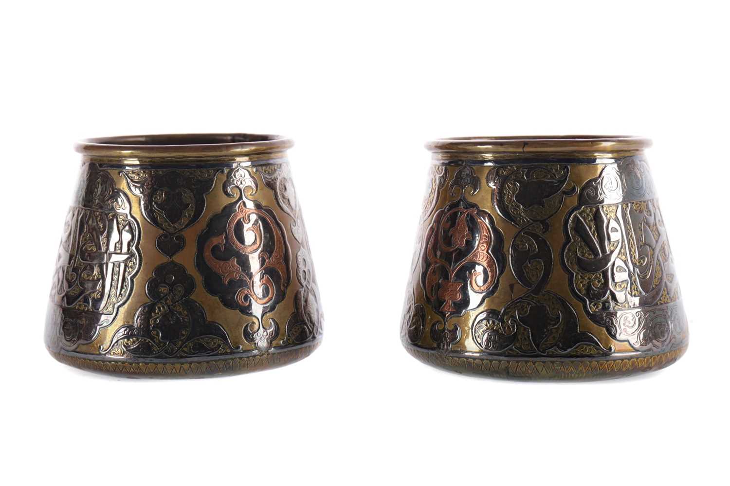 Lot 736 - A PAIR OF EASTERN BRASS, COPPER AND SILVER INLAID FERN POTS