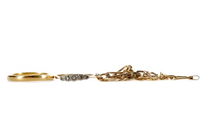 Lot 453 - A GOLD FIGARO BRACELET, DIAMOND FIVE STONE RING AND AN EIGHTEEN CARAT GOLD WEDDING BAND