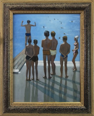 Lot 740 - POOL DIVE, AN ACRYLIC BY PETER NARDINI
