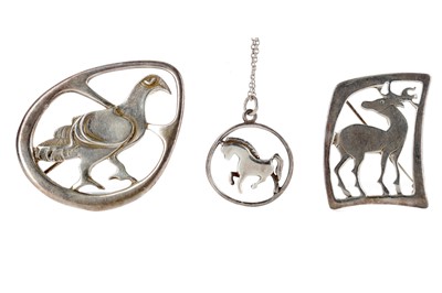 Lot 468 - TWO SILVER OLA GORIE BROOCHES AND A SILVER HORSE PENDANT