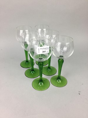 Lot 261 - A SET OF TWELVE HOCK GLASSES WITH GREEN STEMS