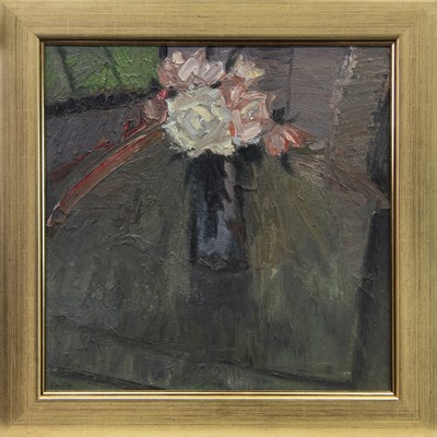Lot 789 - ROSES ON A GREY TABLE, AN OIL BY JOHN HOUSTON
