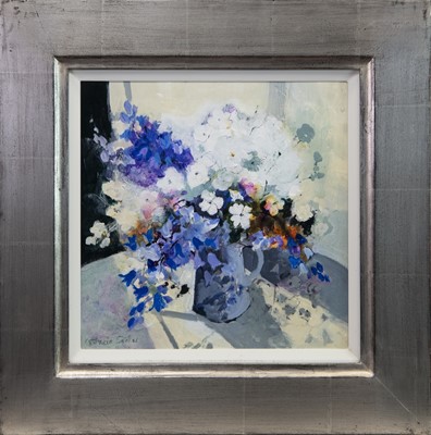Lot 767 - BLUEBELLS AND SNOW IN SUMMER, AN ACRYLIC BY PATRICIA SADLER