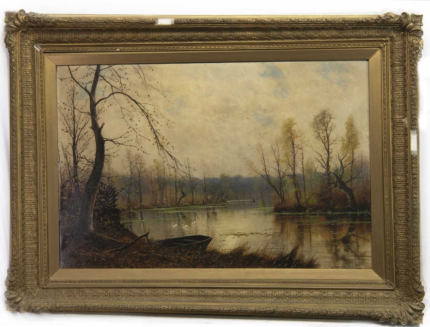 Lot 55 - RIVER SCENE. AN OIL BY NILS HANS CHRISTIANSEN