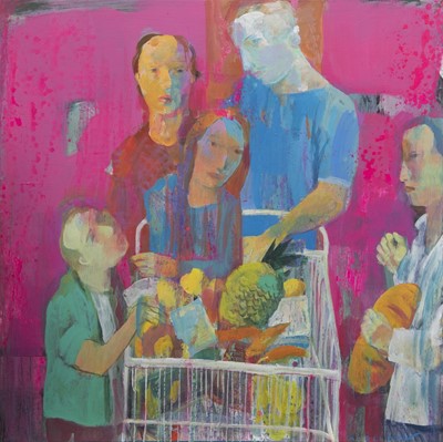 Lot 727 - FAMILY AT THE SUPERMARKET, AN ACRYLIC BY ANDREI BLUDOV