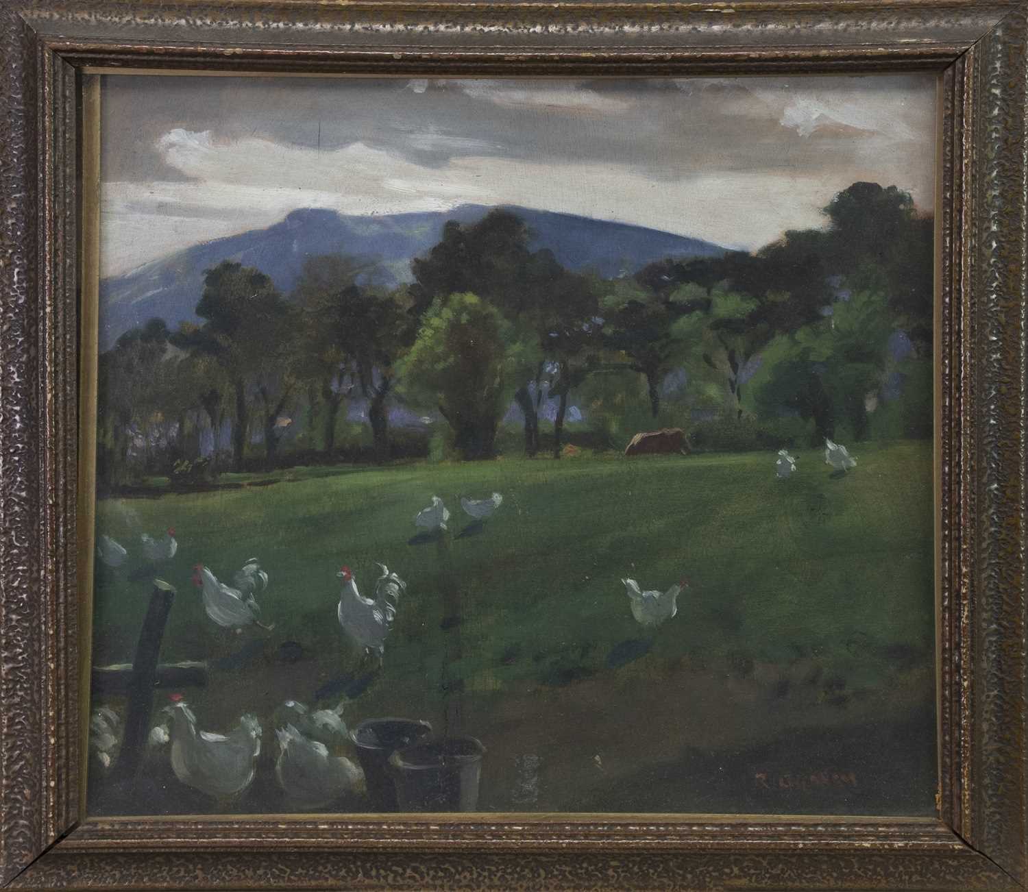 Lot 33 - CHICKENS, AN OIL BY R GRAHAM