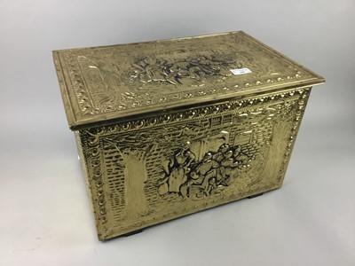 Lot 189 - AN EMBOSSED BRASS LOG BOX AND OTHERS