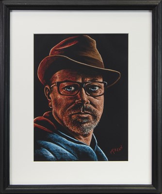 Lot 102 - SELF PORTRAIT WITH GRANDFATHER'S HAT, A PASTEL BY GRAHAM MCKEAN
