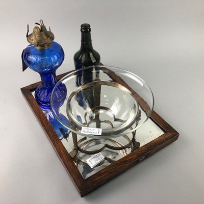 Lot 298 - A J G BARR & CO GLASS SODA BOTTLE, GLASS OIL LAMP, BOWL AND MIRROR