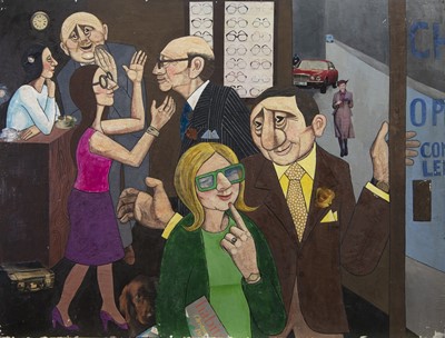 Lot 186 - THE OPTOMETRIST, A MIXED MEDIA COLLAGE BY STEWART BOWMAN JOHNSON