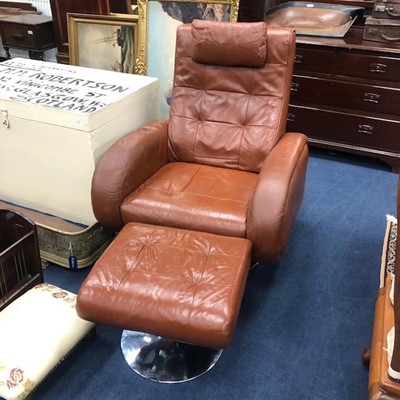 Lot 328 - A LOT OF TWO MODERN REVOLVING BROWN LEATHER ARMCHAIRS AND A MATCHING STOOL