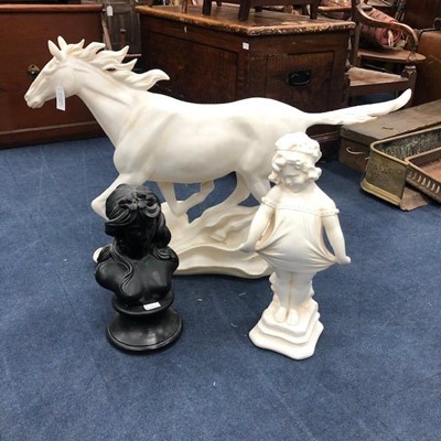 Lot 330 - A RESIN FIGURE OF A WHITE HORSE, A RESIN FIGURE OF A GIRL AND A BUST