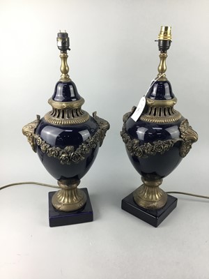 Lot 349 - A PAIR OF REPRODUCTION TABLE LAMPS WITH RED SHADES