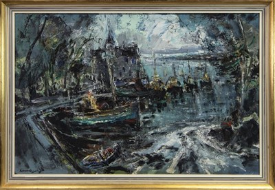 Lot 611 - BOATS AT A SMALL HARBOUR OIL BY HAMISH LAWRIE