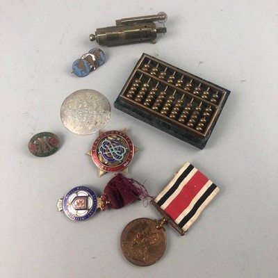 Lot 23 - A LOT OF BADGES, A MEDAL, LIGHTER AND ABACUS