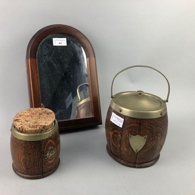 Lot 402 - A MIRRORED KEY STORAGE BOX, A BISCUIT BARREL AND ANOTHER SMALLER EXAMPLE