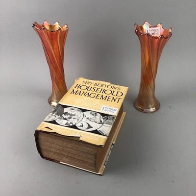 Lot 403 - A PAIR OF CARNIVAL GLASS VASES AND A VINTAGE COOKBOOK