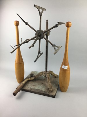 Lot 214 - A WOOL WINDER, INDIAN BELL CLUBS  AND OTHERS