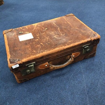 Lot 364 - A VINTAGE LEATHER SUITCASE, A COLLECTION OF VINTAGE GAMES AND TWO WICKER BASKETS