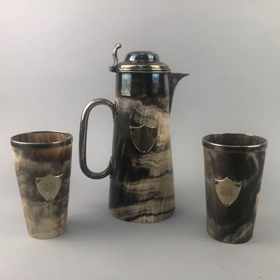 Lot 371 - A VICTORIAN HORN JUG AND A PAIR OF BEAKERS