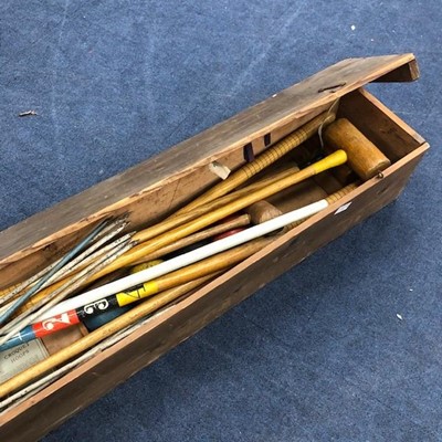 Lot 375 - A VINTAGE CROQUET SET CONTAINED IN A WOOD BOX