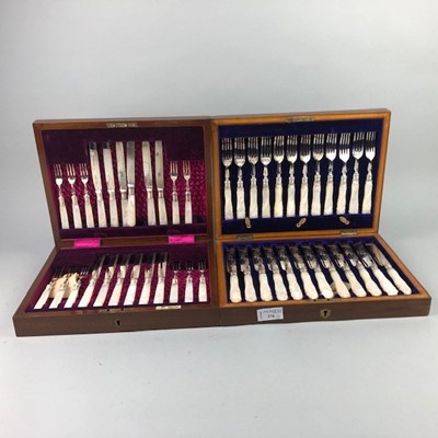 Lot 376 - A LOT OF TWO CASED SETS OF MOTHER OF PEARL HANDLED FRUIT KNIVES AND FORKS