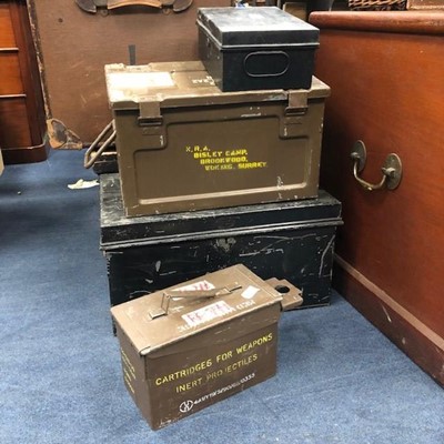 Lot 385 - A LOT OF MILITARY CARTRIDGE CASES, TIN BOXES AND LEATHER CASES