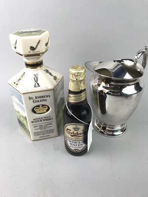 Lot 144 - A SILVER PLATED WATER JUG ALONG WITH A DECANTER AND BOTTLE OF BEER