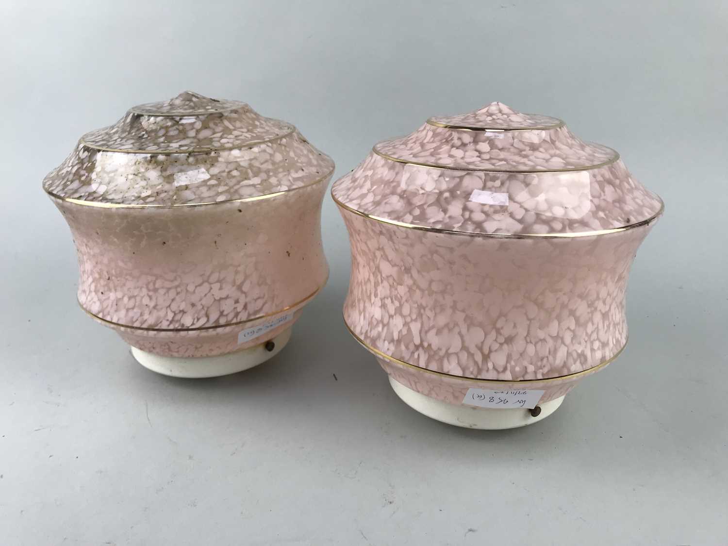 Lot 258 - A PAIR OF MOTTLED GLASS LIGHT SHADES AND TWO OTHERS